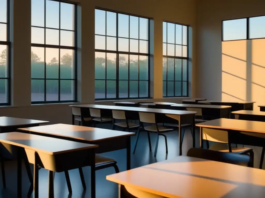 Un aula tranquila al atardecer, iluminada por luz cálida, con libros y plantas