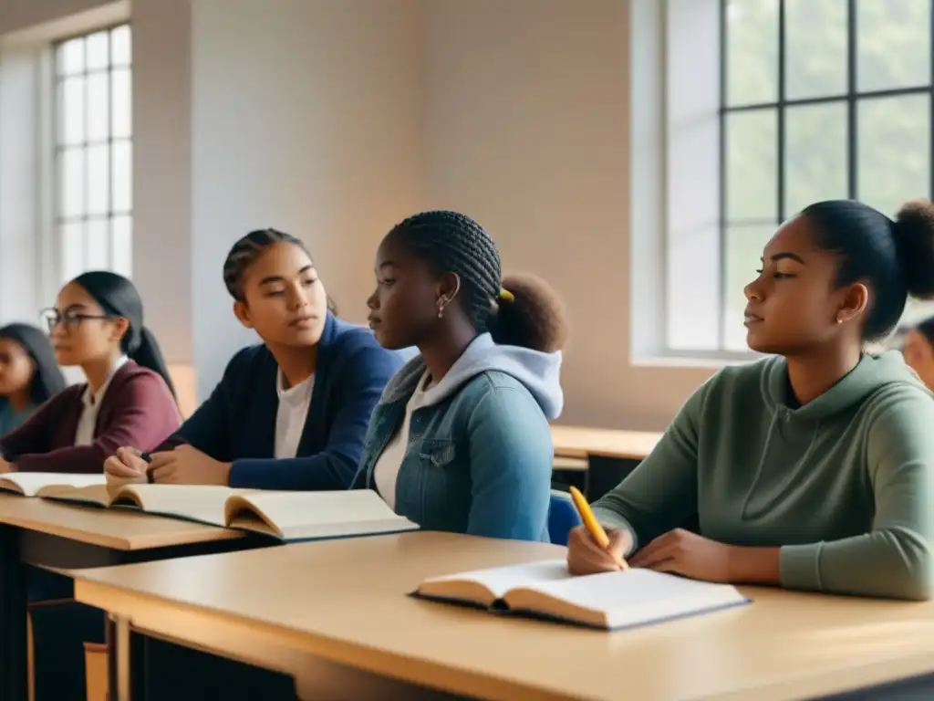 Un aula tranquila con estudiantes diversos concentrados en sus estudios rodeados de libros y laptops