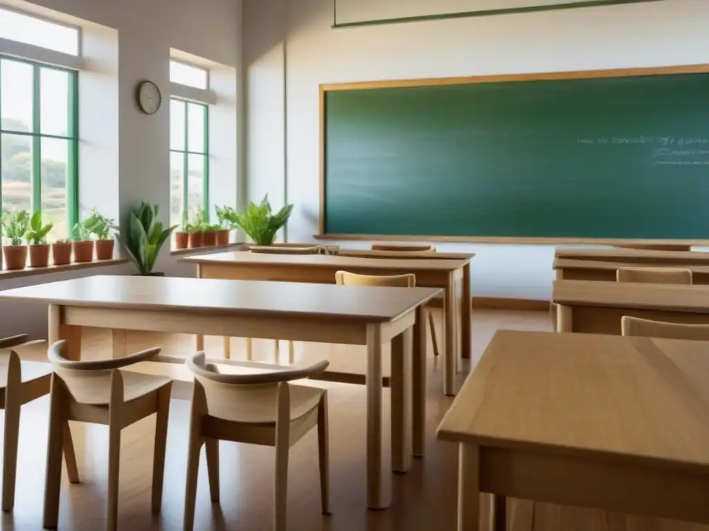 Aula tranquila en Uruguay con luz natural, escritorios de madera, pizarra verde con consejos de sostenibilidad y plantas