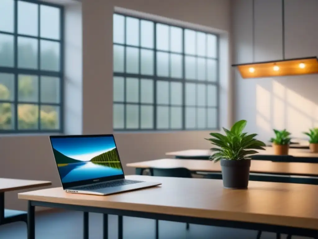 Un aula tranquila y minimalista en Uruguay, con escritorio de madera, laptop, libros y planta en luz natural