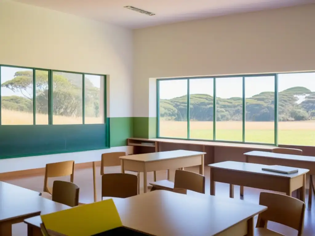 Un aula tranquila y minimalista en Uruguay, con luz natural iluminando a estudiantes diversos en actividad de aprendizaje de idiomas