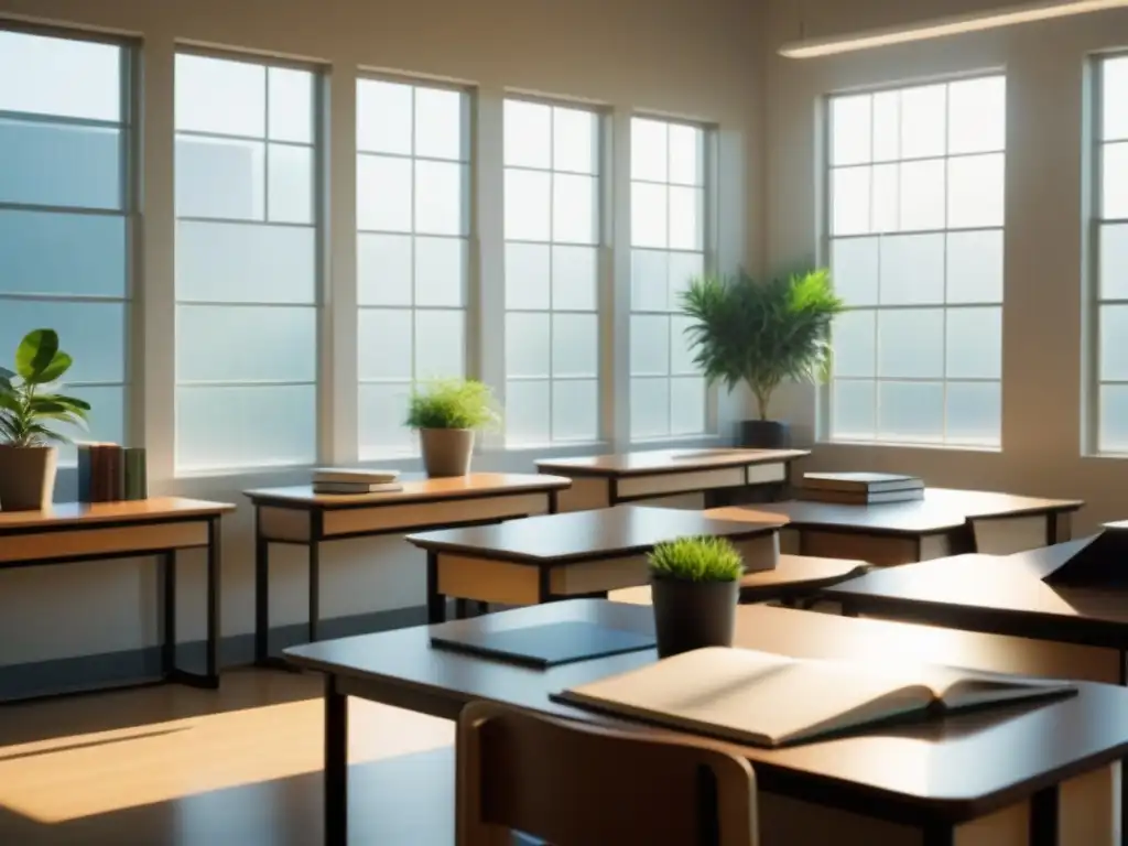 Un aula tranquila y ordenada con luz natural, escritorio vacío, libros y planta