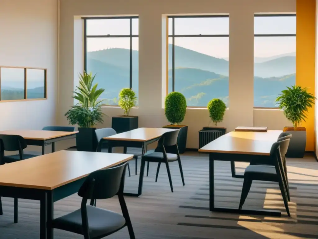 Un aula tranquila con vista a colinas verdes, luz dorada, escritorios vacíos y decoración minimalista