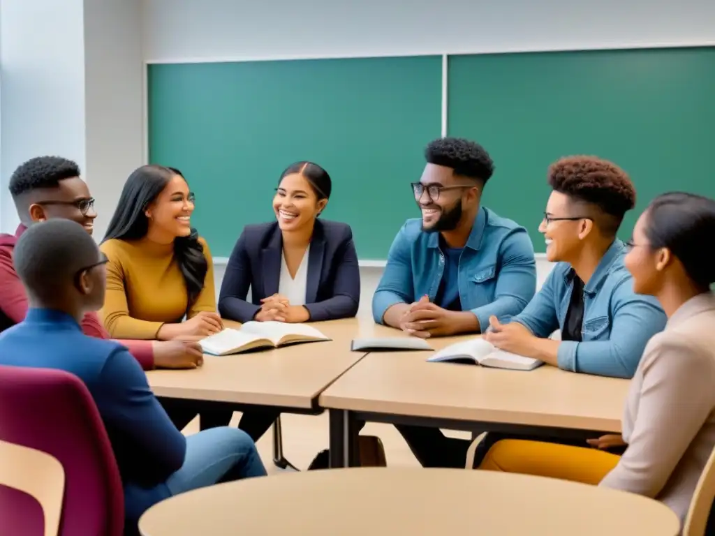 Grupo diverso de estudiantes universitarios colaborando en aula moderna Un aula universitaria inclusiva con estudiantes diversos colaborando, reducción deserción universitaria grupos vulnerables
