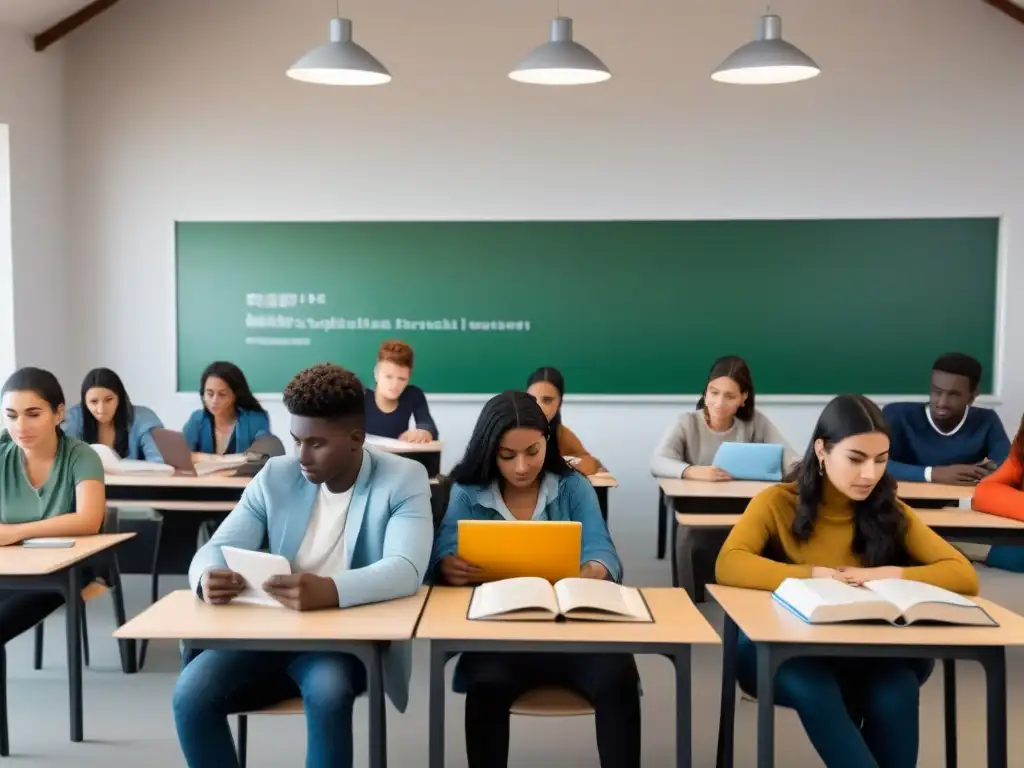 Un aula universitaria moderna en Uruguay, donde estudiantes diversos, incluidos refugiados, estudian juntos