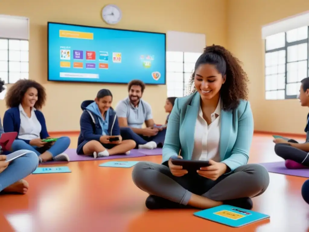 Un aula uruguaya llena de luz natural donde niños participan en evaluación lúdica, usando tarjetas y tablets educativas