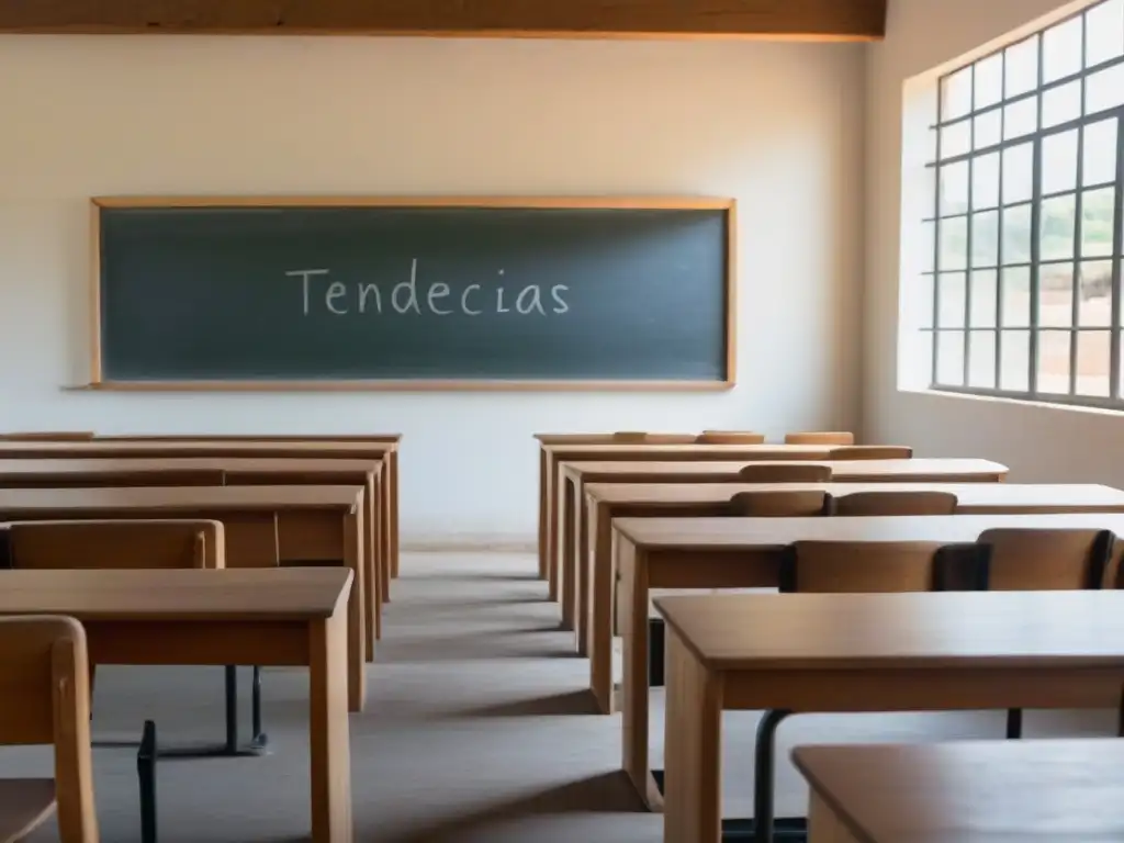 Un aula uruguaya tradicional con escritorios de madera, luz natural y pizarra que dice 'Tendencias Educativas Globales'
