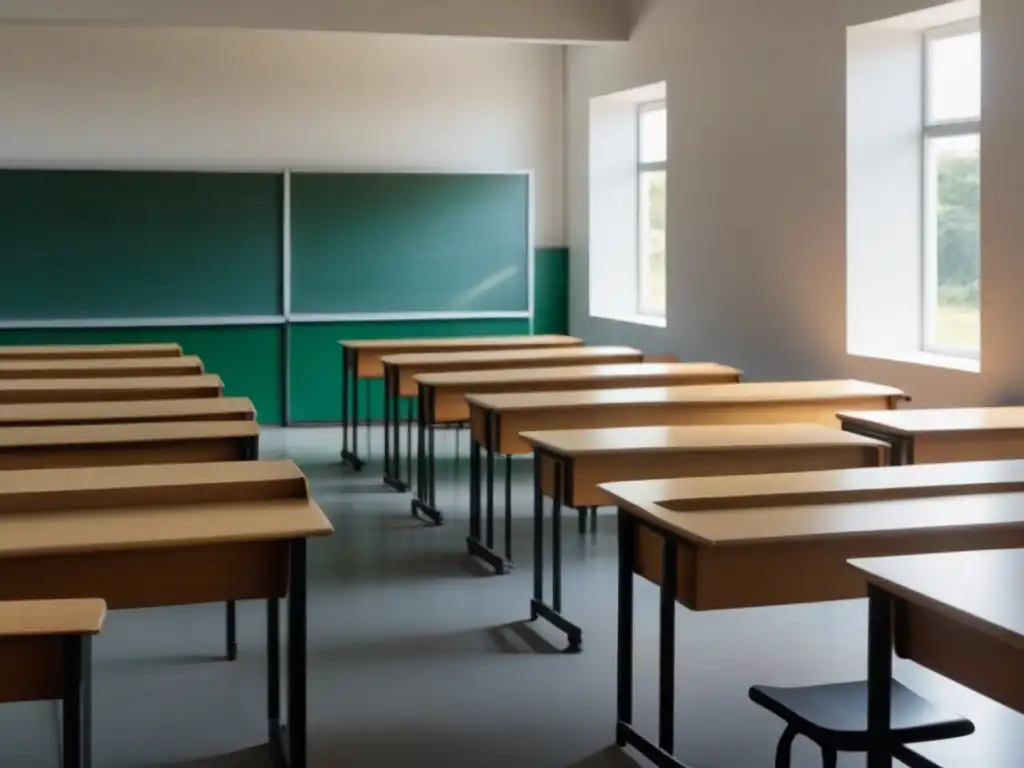 Un aula uruguaya vacía, con filas de pupitres ordenados bajo suave luz natural