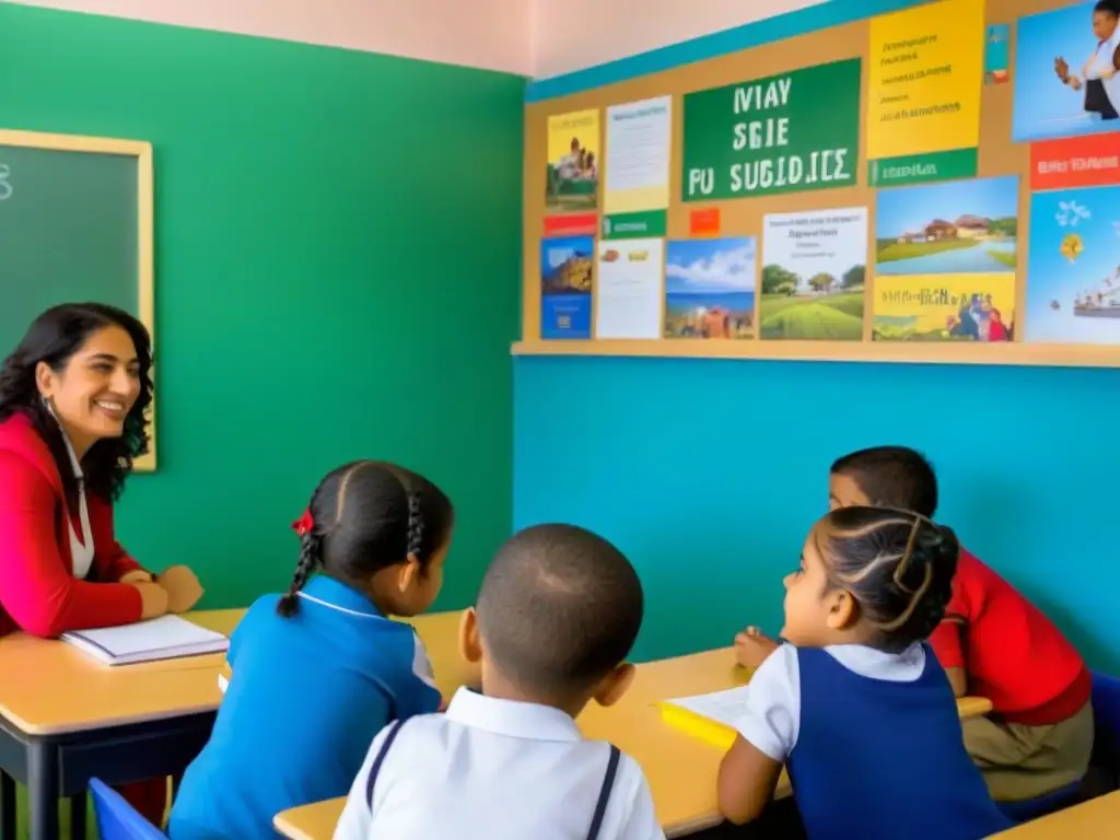 Un aula vibrante y diversa en Uruguay, reflejando la educación bilingüe