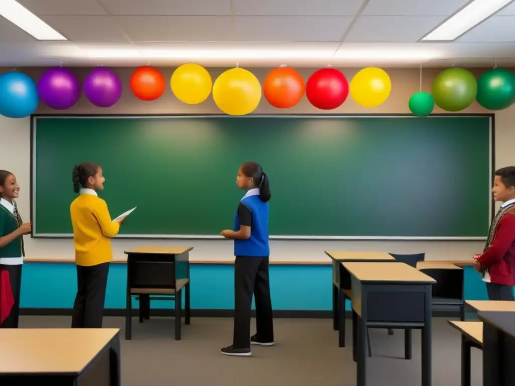 Aula vibrante con estudiantes de diversas culturas participando en actividades grupales, decoración colorida celebra la diversidad cultural en el aula