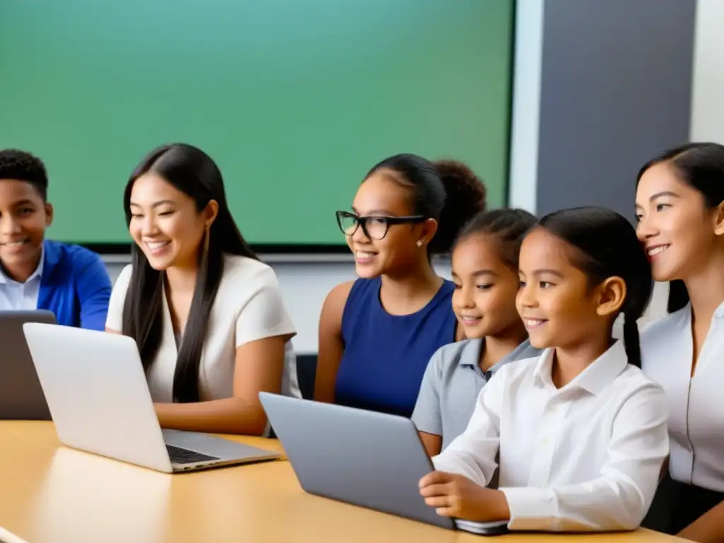 Un aula virtual bilingüe con estudiantes diversos colaborando en proyectos digitales