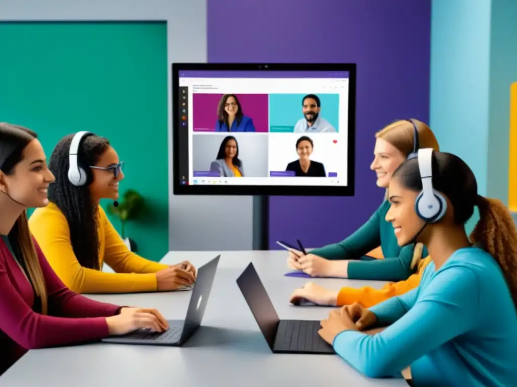 Un aula virtual dinámica en Microsoft Teams educación Uruguay, donde estudiantes y docentes colaboran con entusiasmo