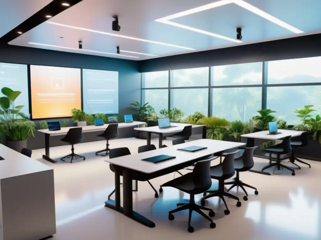 Un aula virtual futurista en Uruguay para elearning y aprendizaje autónomo, con tecnología de vanguardia y estudiantes diversos