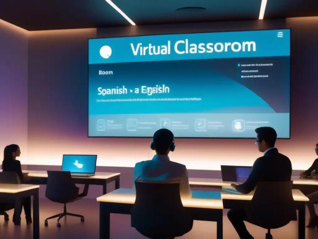 Aula virtual futurista para el aprendizaje a distancia de idiomas en Uruguay con hologramas de tutores y estudiantes diversos