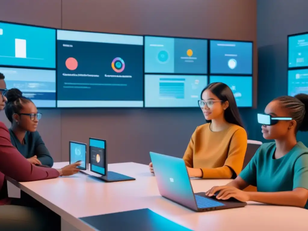 Un aula virtual futurista muestra estudiantes diversos inmersos en tecnologías emergentes en educación superior