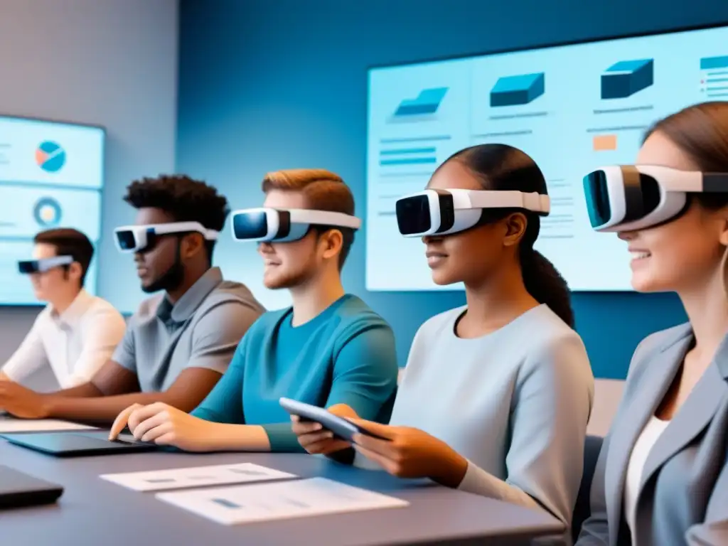 Un aula virtual futurista con estudiantes usando gafas de realidad aumentada en educación en Uruguay