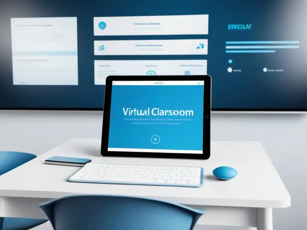 Un aula virtual serena con tecnología avanzada y colores calmantes, ideal para padres en Uruguay buscando apoyo elearning