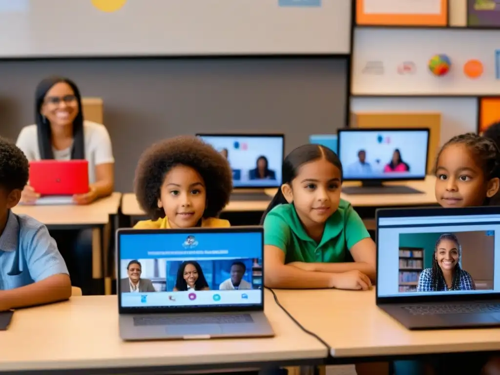 Un aula virtual vibrante con niños de diversas etnias concentrados en clases en línea