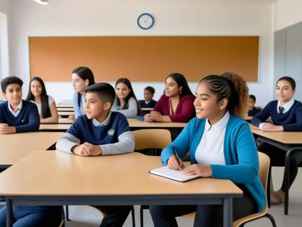 Salón inclusivo en Uruguay: diversidad y armonía educativa Aulas inclusivas en Uruguay: Estudiantes diversos participando en actividades educativas en un aula moderna y armónica