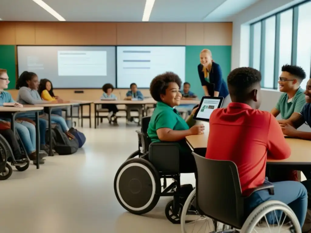 Aula inclusiva: estudiantes diversos interactúan con tecnología educativa Aulas inclusivas en Uruguay: Estudiantes diversos con discapacidades y etnias diferentes, colaborando con tablets en un aula moderna y luminosa