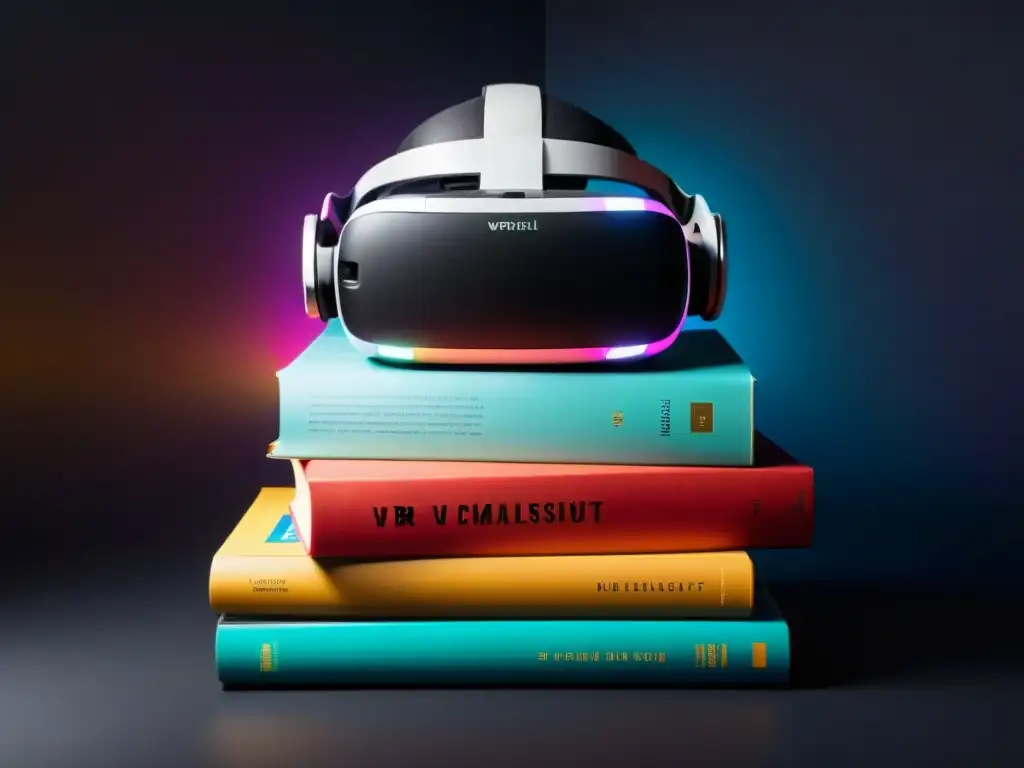 Realidad virtual fusiona con libros de idiomas en composición futurista Conectando tradición y tecnología: auriculares de realidad virtual sobre libros de idiomas coloridos en fondo oscuro