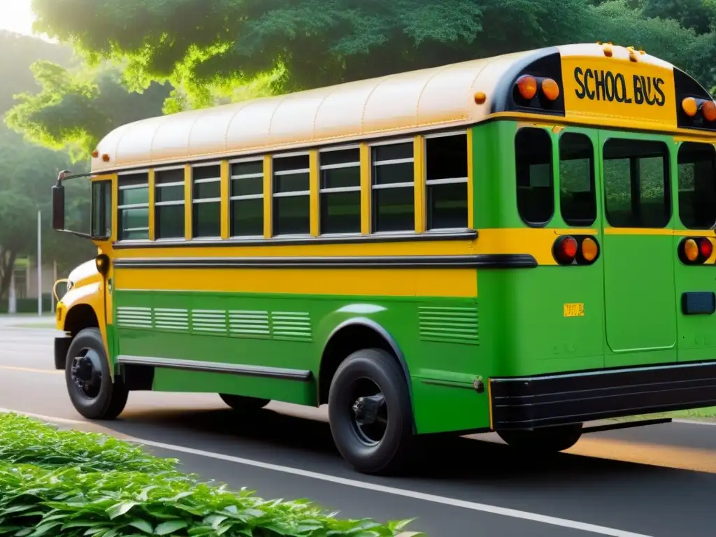 Un autobús escolar rodeado de hojas verdes, simbolizando el transporte verde en comunidades educativas