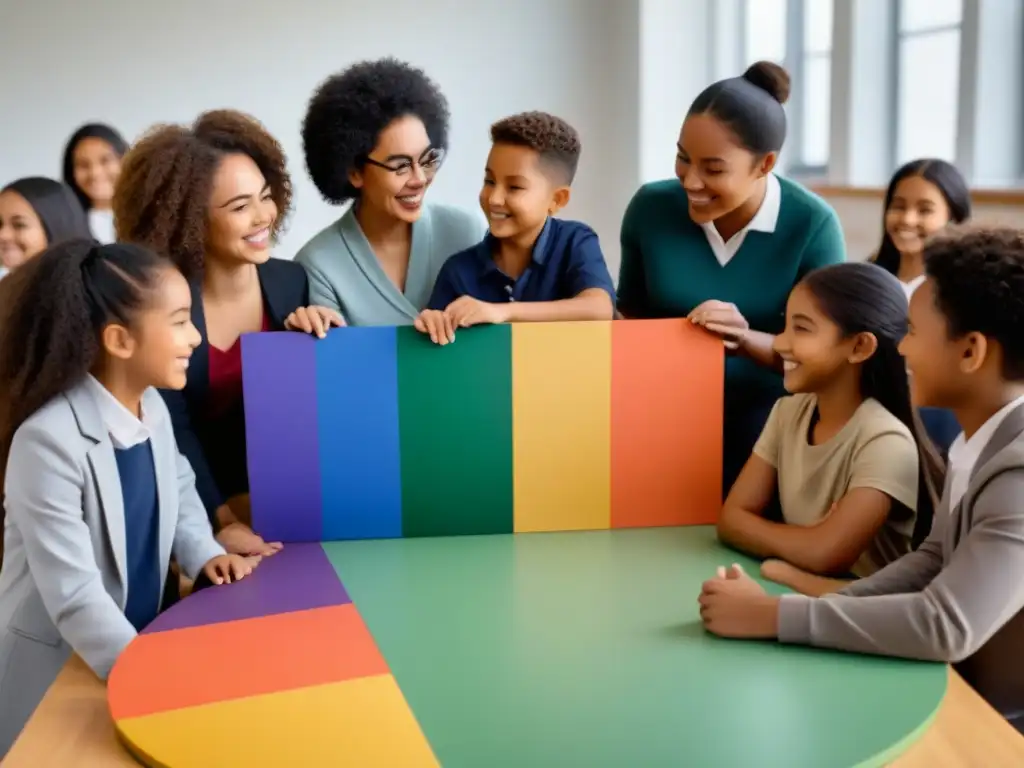 Avances en educación inclusiva Uruguay: Estudiantes diversos colaborando armoniosamente en un aula moderna