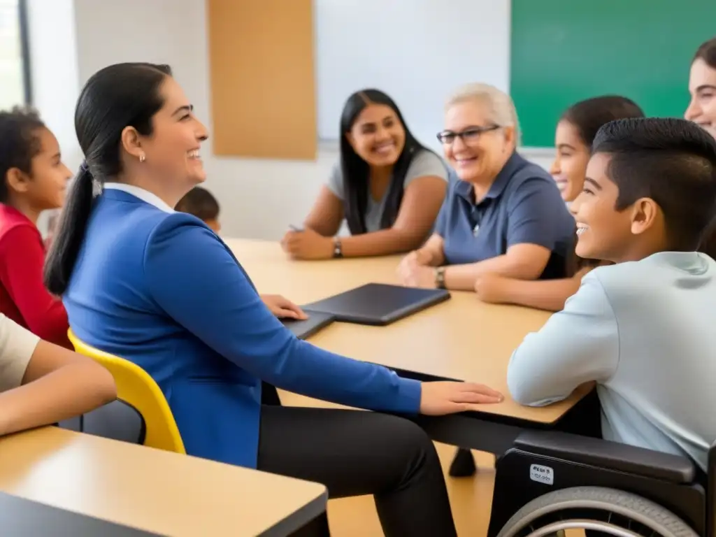 Avances en educación inclusiva en Uruguay: Estudiantes diversos colaboran en aula moderna