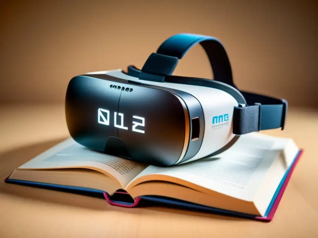 Avanzada tecnología de realidad virtual en educación Uruguay, representada por un visor VR sobre un libro educativo con ecuaciones complejas