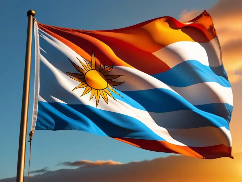 Bandera de Uruguay ondeando al atardecer, con un diseño detallado y cálido, ideal para 'Política de becas en Uruguay'