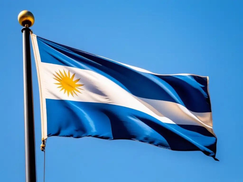 Bandera de Uruguay ondeando en el cielo azul Bandera de Uruguay ondeando en cielo azul, transmitiendo paz y orgullo nacional