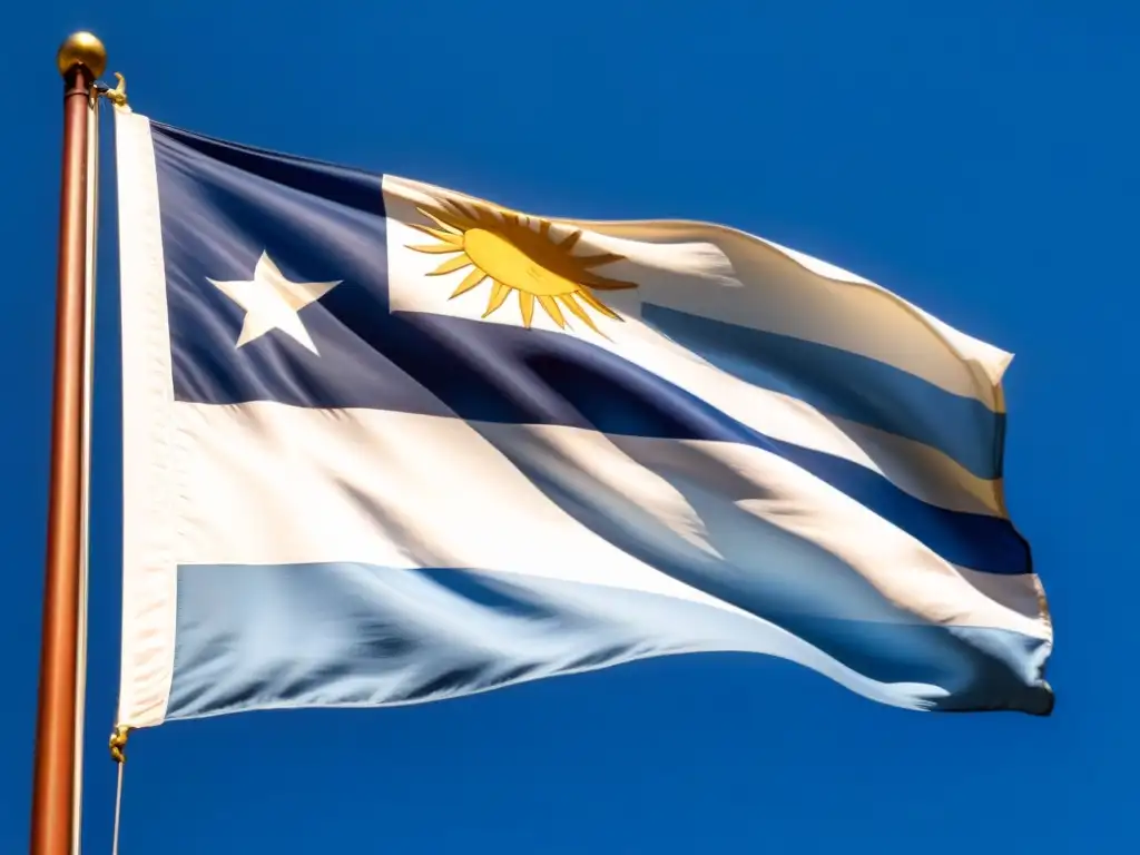 Bandera de Uruguay ondeando bajo el cielo azul, con el sol con rostro