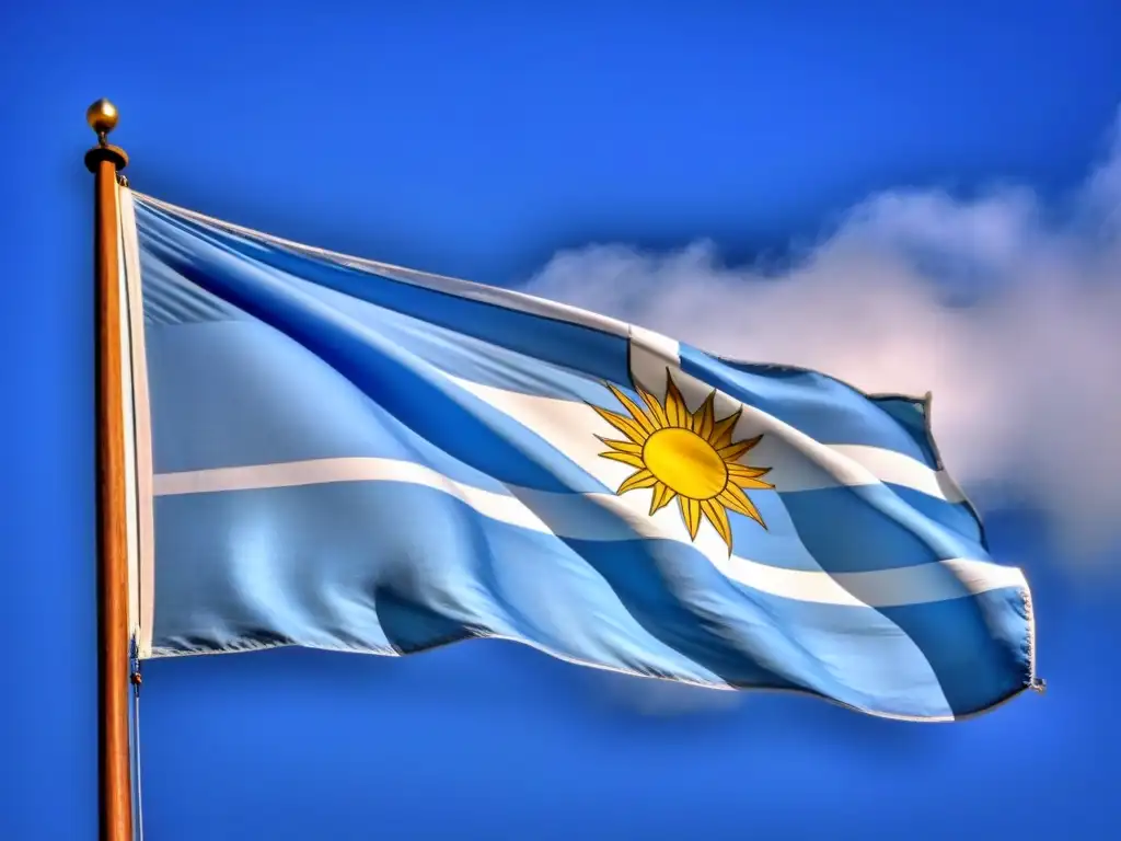 Bandera de Uruguay ondeando con serenidad en un cielo azul, simbolizando la transición al bilingüismo en Uruguay con elegancia