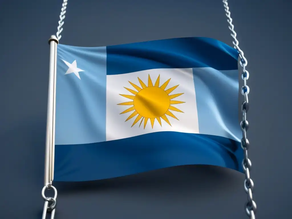 Bandera de Uruguay y símbolos de blockchain en plata y azul