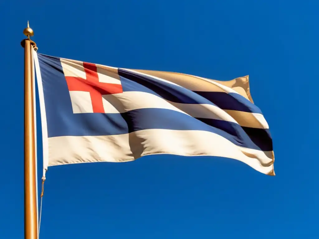 Bandera uruguaya ondeando en el cielo azul, simbolizando apoyo gubernamental a la educación con becas en Uruguay