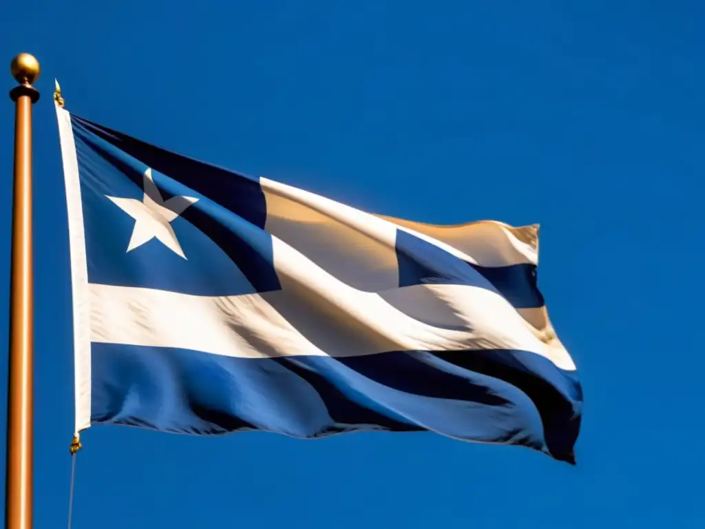 La bandera uruguaya ondea suavemente en un cielo azul, simbolizando autenticidad y confianza