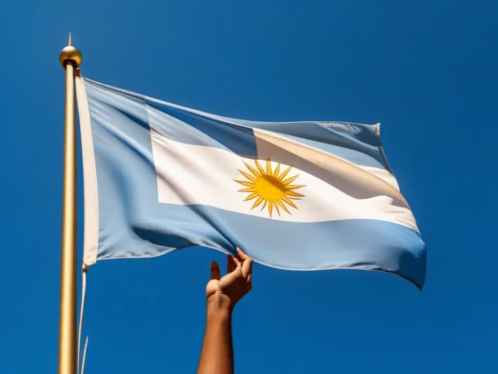 Bandera uruguaya ondeando en el cielo azul con símbolos educativos e ecuaciones matemáticas, representando estabilidad y progreso