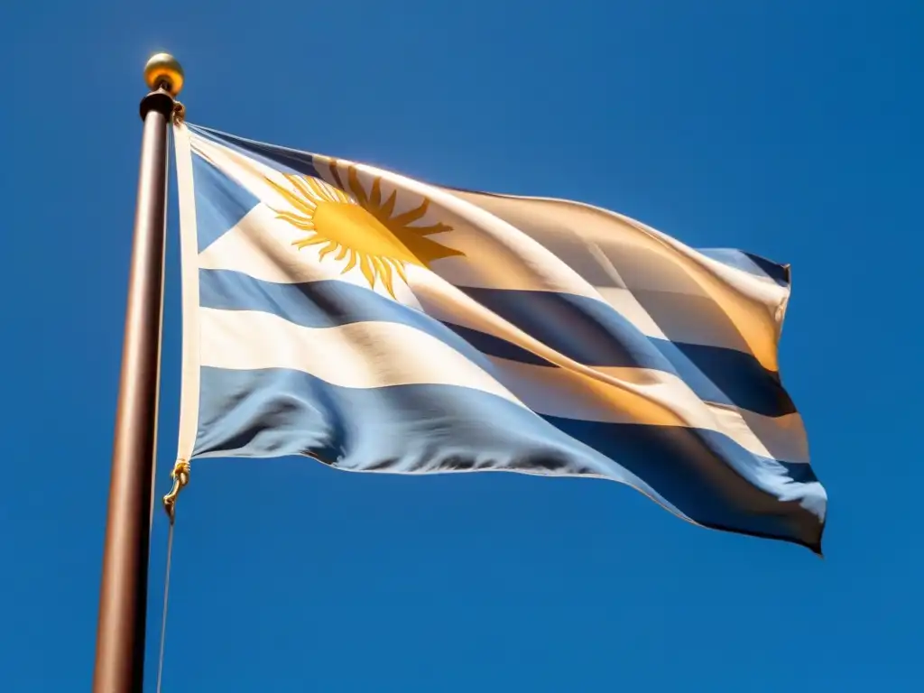 La bandera uruguaya ondea suavemente bajo el sol brillante, simbolizando el orgullo nacional y la excelencia educativa