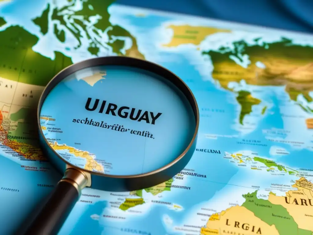 Explorando becas en Uruguay: lupa detallada sobre mapa mundial, buscando oportunidades universitarias