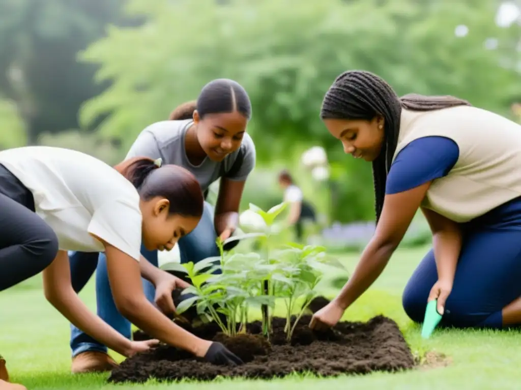 Un bello jardín donde personas diversas colaboran unidas en Aprendizaje Servicio en Uruguay, plantando árboles y flores