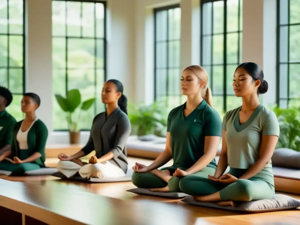 Beneficios del mindfulness en educación: Aula serena con ventana a jardín verde, alumnos meditando en cojines