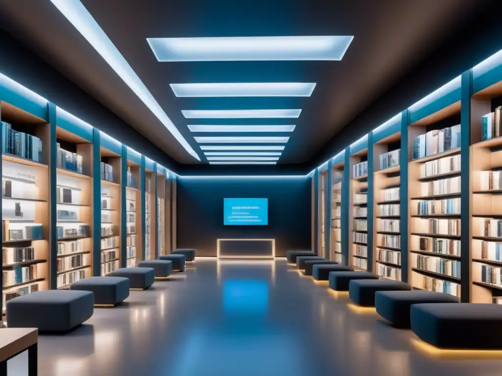 Biblioteca digital futurista en Uruguay con tecnología blockchain, hologramas y zona de lectura moderna