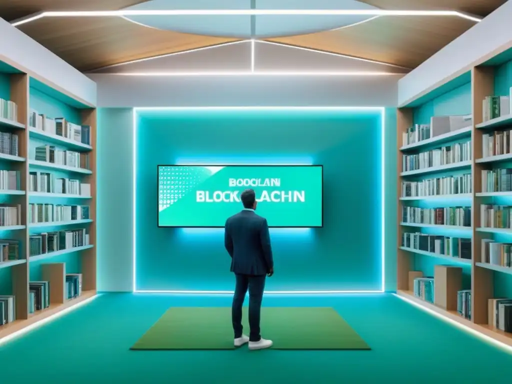 Una biblioteca digital futurista en Uruguay con pantallas transparentes mostrando contenido educativo de Blockchain