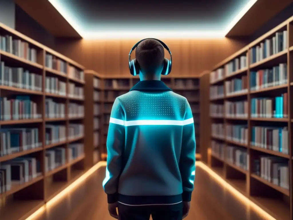 Una biblioteca escolar futurista con libros conectados brillando con información digital, dispositivos inteligentes y diseño moderno