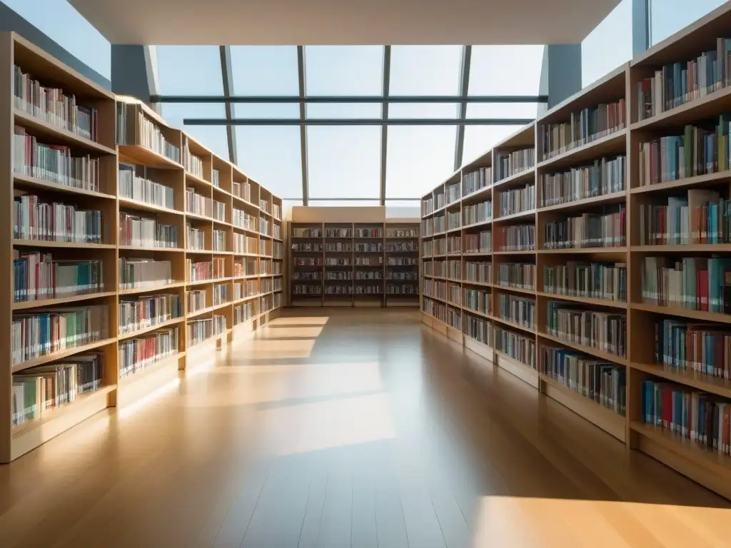 Biblioteca escolar moderna con libros organizados, estudiantes leyendo, luz natural y ambiente académico relajado