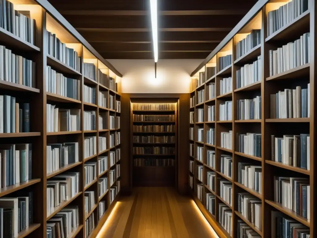 Una biblioteca histórica en Uruguay con libros ordenados en estantes de madera, iluminada por una tenue luz