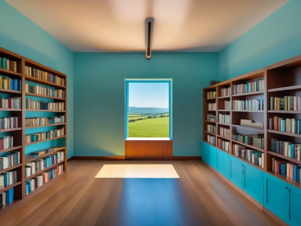 Biblioteca rural en Uruguay, rodeada de colinas verdes bajo cielo azul, invita al aprendizaje y la tranquilidad