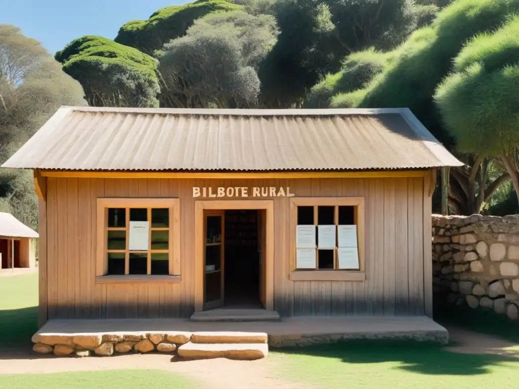 Una biblioteca rural en Uruguay, rodeada de naturaleza, niños leyendo con asombro