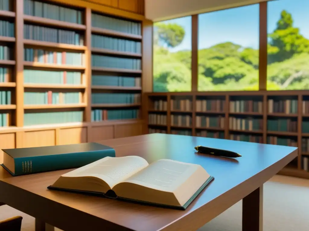 Un rincón de biblioteca sereno y contemplativo, con libros ordenados, un escritorio de madera y una ventana con vista al jardín