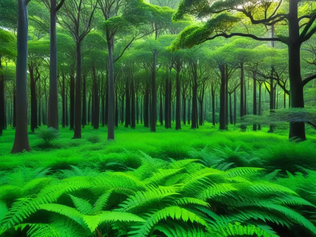 Bosque exuberante en Uruguay: detalles ultra definidos Un bosque exuberante en Uruguay, con árboles nativos y plantas en tonos verdes vibrantes